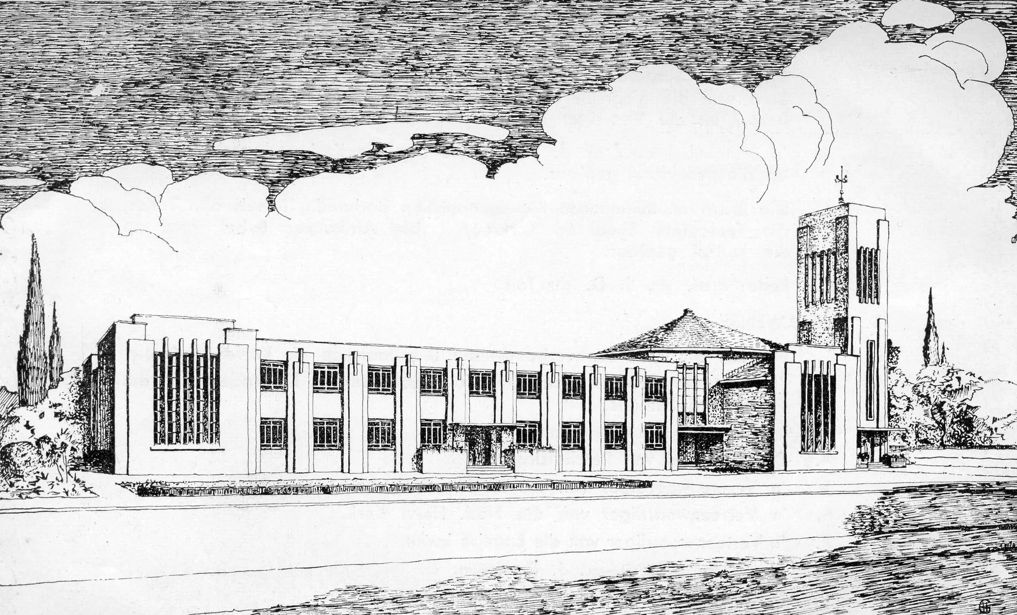 The architects’ perspective of the Theological School at 80 Molen Street, Potchefstroom, drawn by Gerard Moerdyk and Henry Watson, about 1951. The Institute is based in this building today.