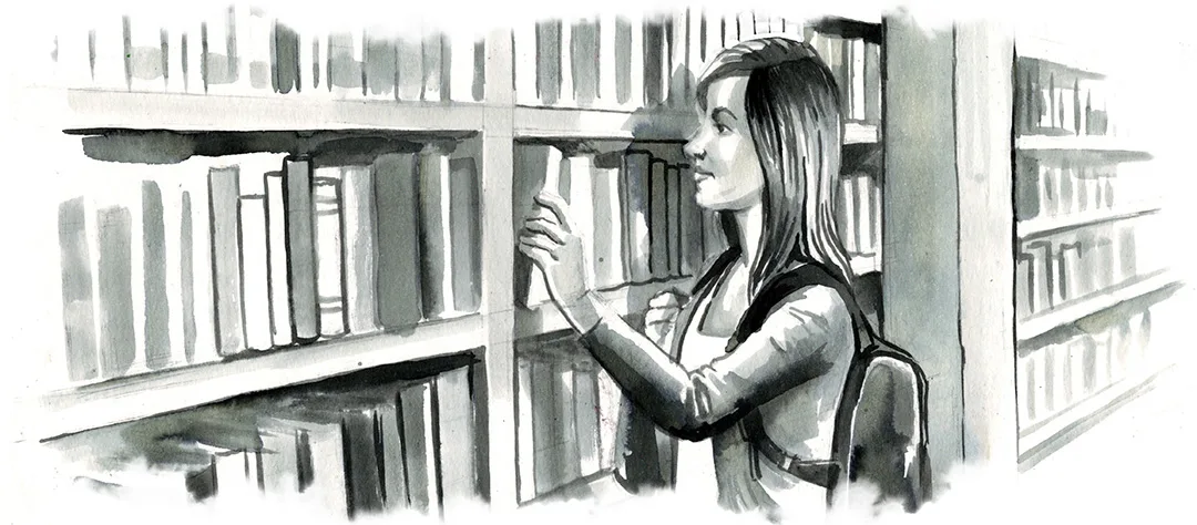 An ink-and-wash drawing of a student taking a book from a library shelf.