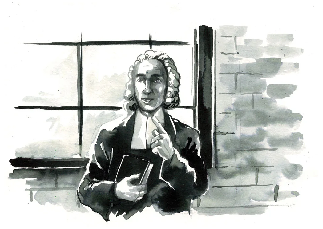 An ink-and-wash portrait of Jonathan Edwards at a window, holding a book.