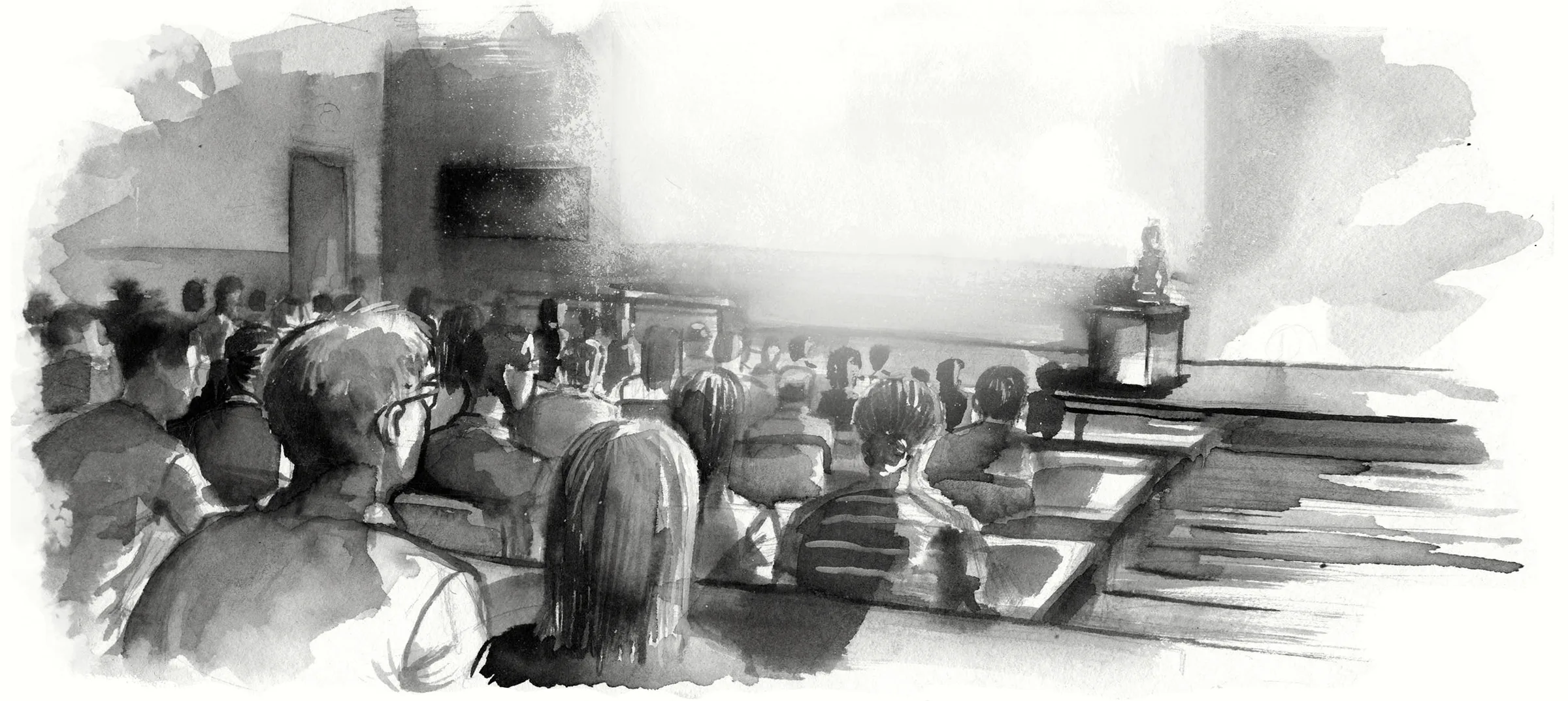 An ink-and-wash drawing of a full lecture hall.