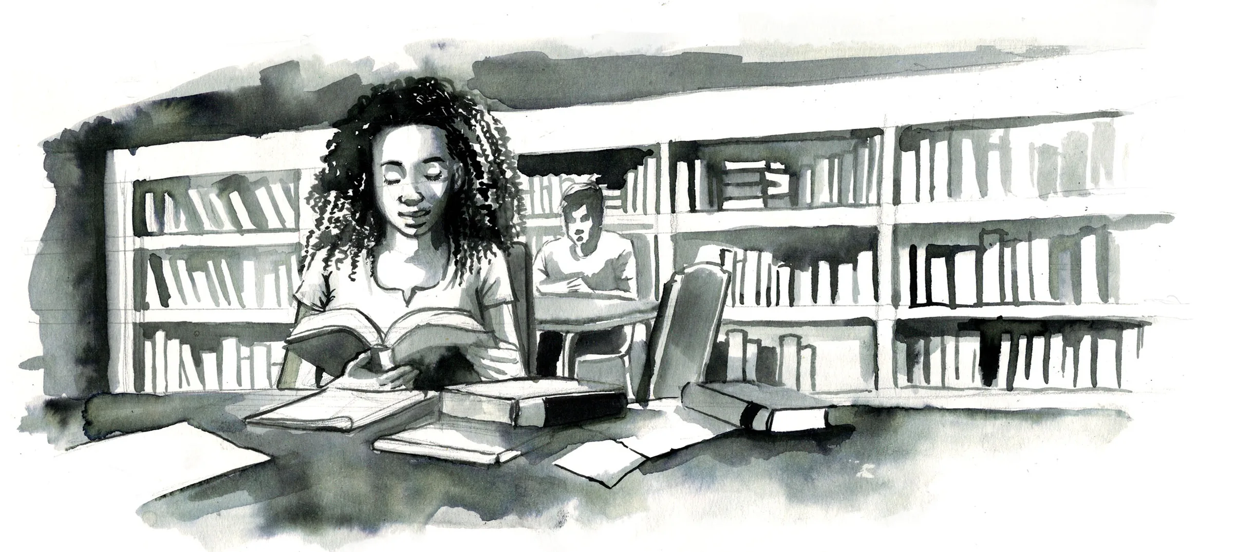 An ink-and-wash drawing of a student reading at a table in front of library shelves.