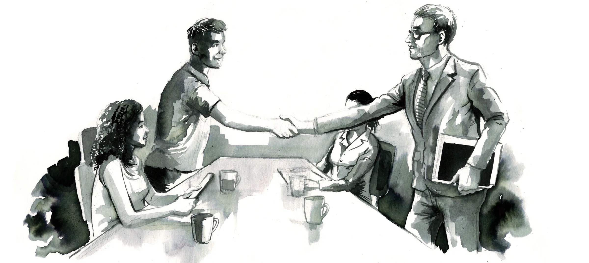An ink-and-wash drawing of people shaking hands across a table at an interview.